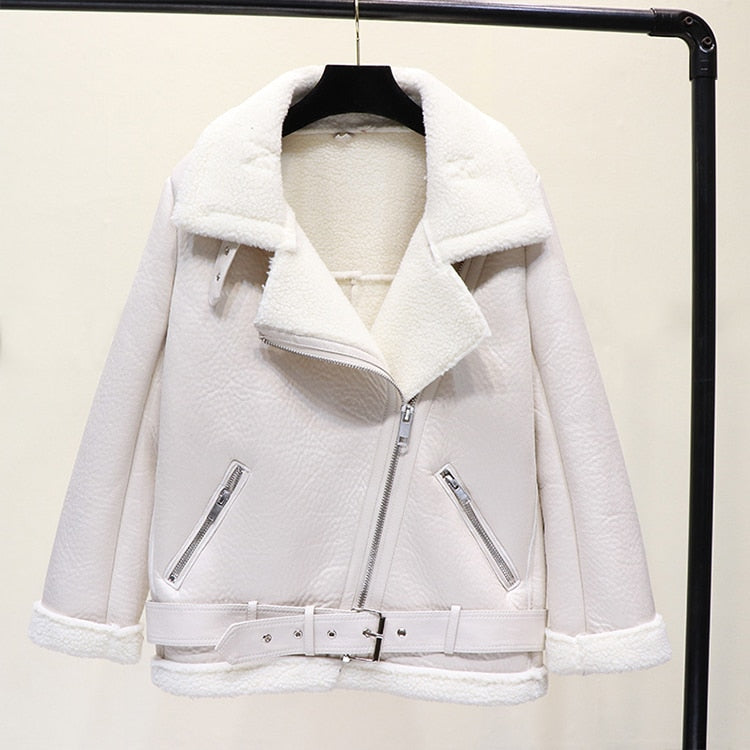 Winter Faux Lamb Leather Jacket Women Faux Leather Lambs Wool Fur Collar Pu Moto Zipper Jacket Warm Thick Outerwear - LiveTrendsX