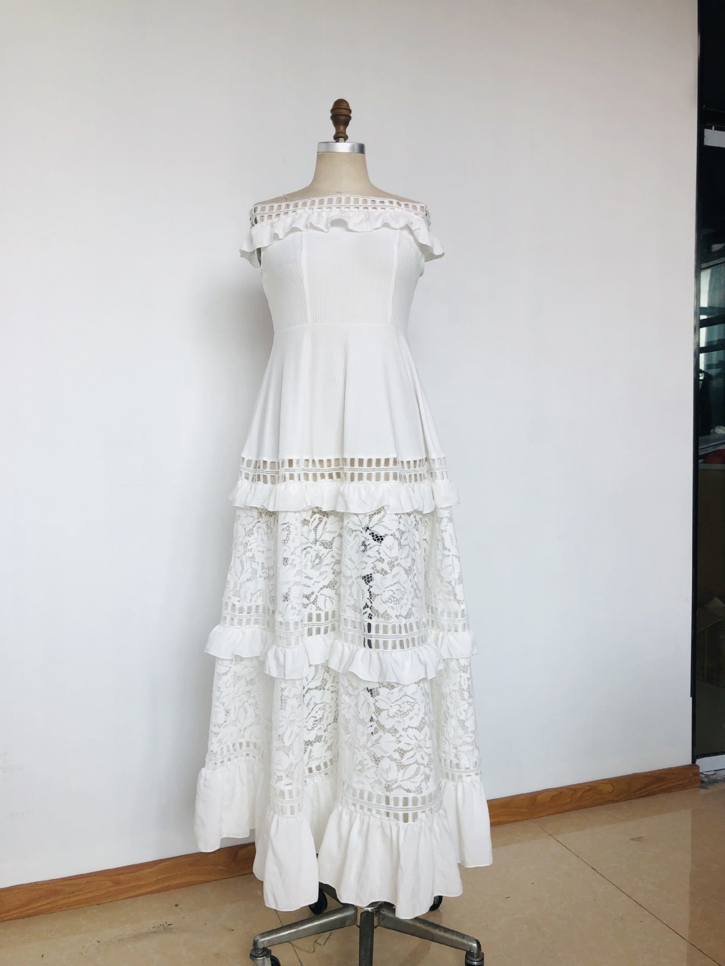 Women White Ruffles Lace Maxi Long Dress A-line Slash Neck Peral Sleeve Hollow Out Summer Vintage Large Size Party Dress - LiveTrendsX