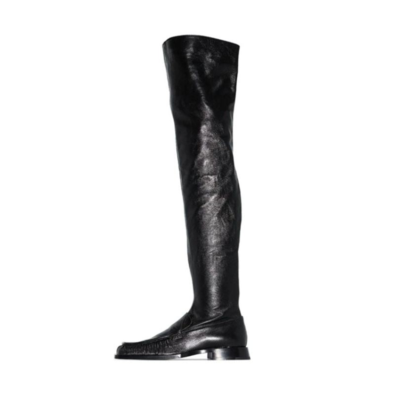 Women Over The Knee Boots Zipper Party Nightclub Flat Pleated Decorate Shoes