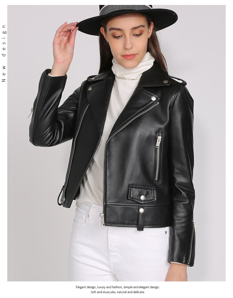 Spring Genuine Leather Jacket Women  Fashion Real Sheepskin Coat Rivet Motorcycle Biker Jacket Female Sheep Leather Coat - LiveTrendsX