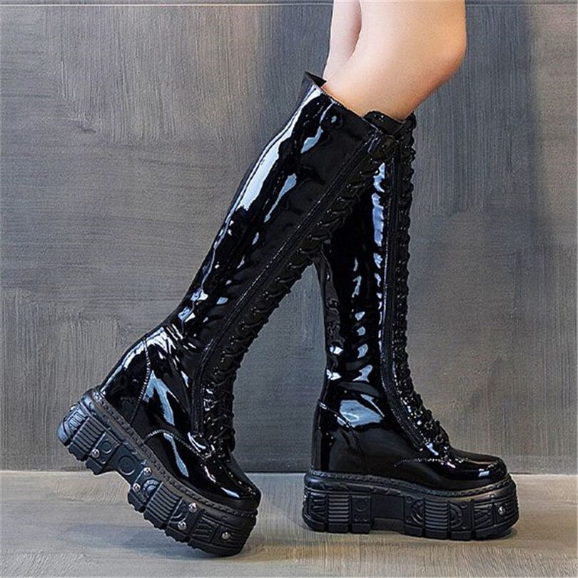 Women Genuine Leather Knee High Boots Platform Wedge High Heels