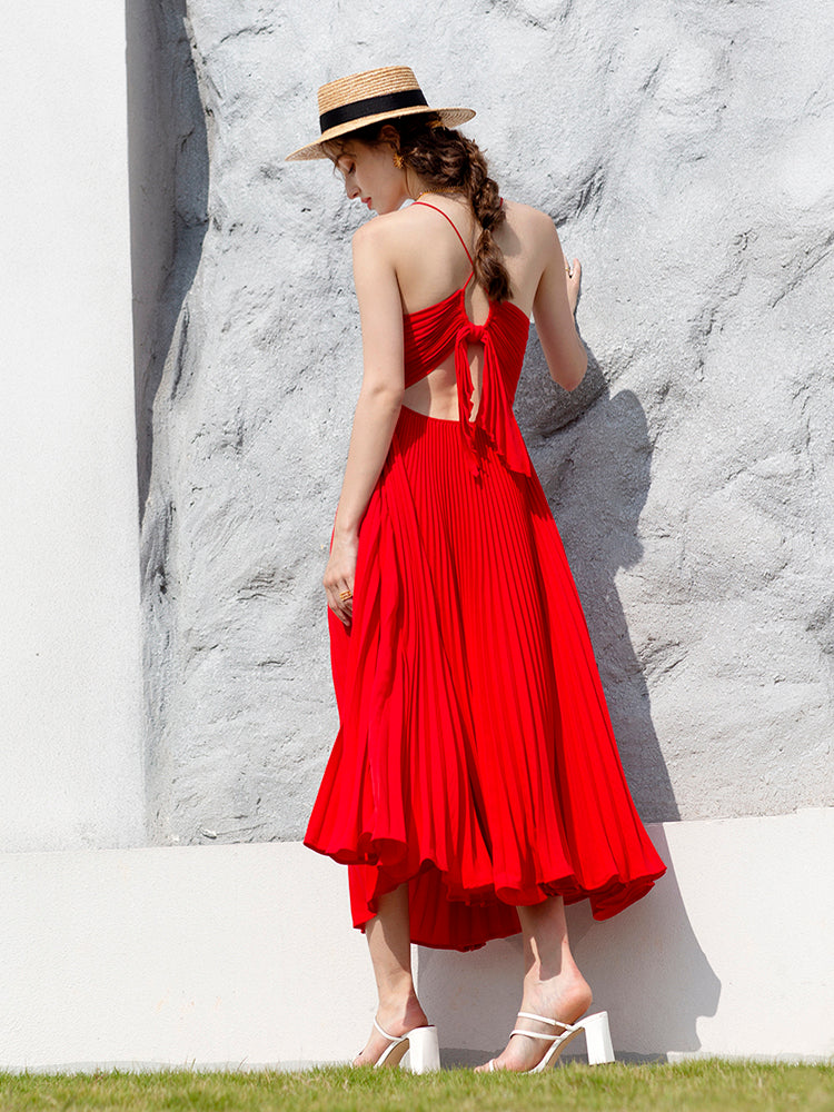 Women's summer red pleated suspender dress