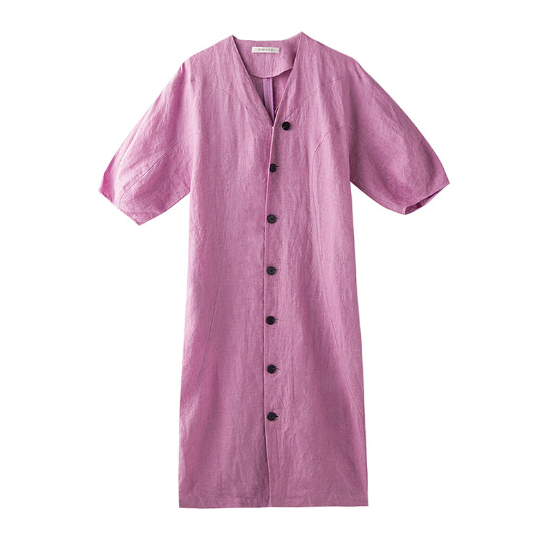 Bud-type color-spun yarn full linen V-neck short-sleeved dress