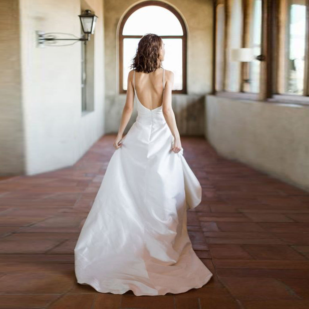 V-strap front slit plain satin open-back wedding dress