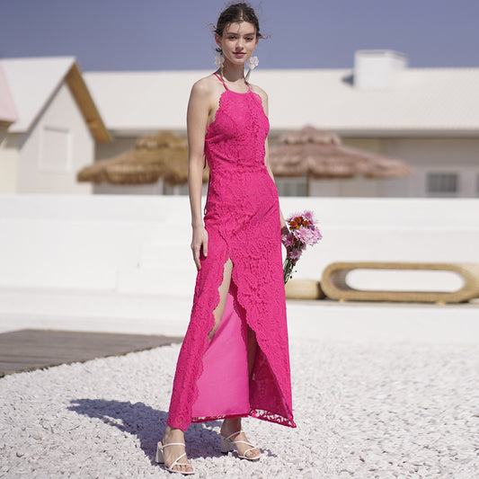 Women rose red lace slit dress