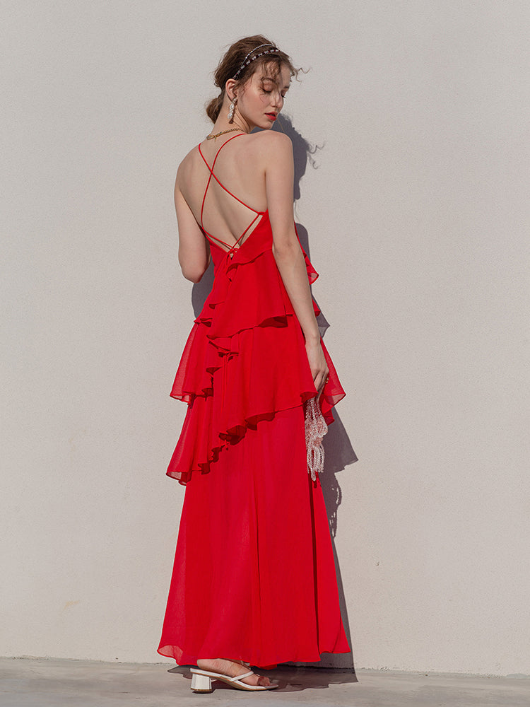 Summer suspender cake dress open back beach red dress