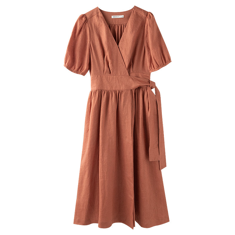 High Waist Slim Wrap High Density Linen Dress