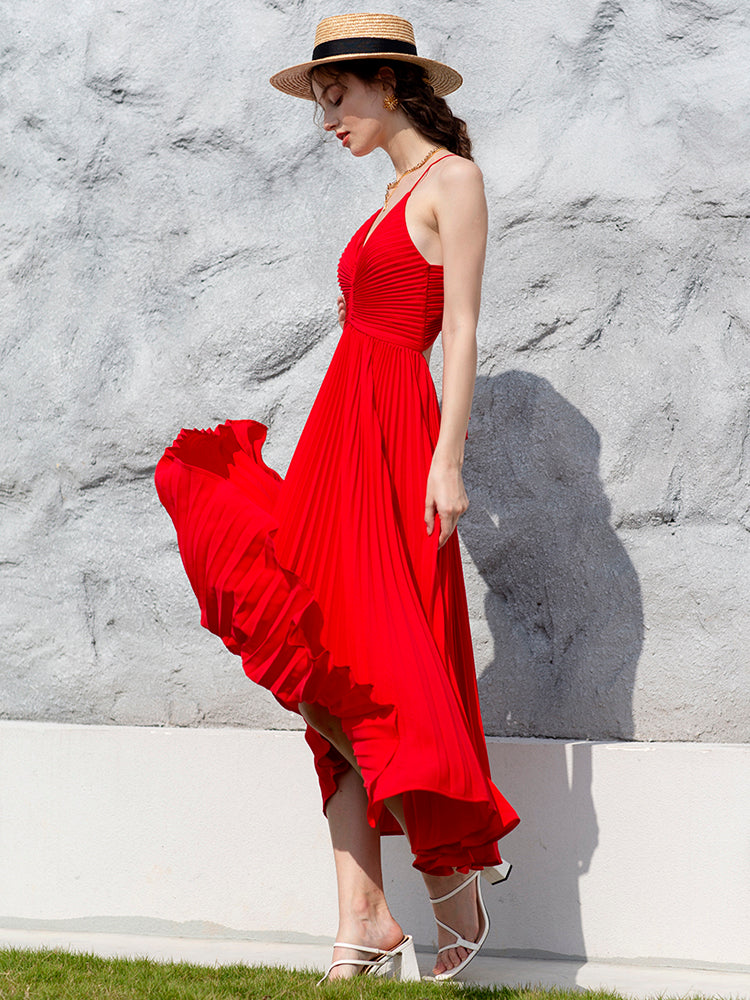 Women's summer red pleated suspender dress