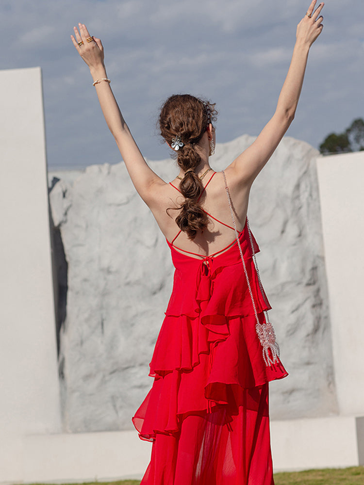 Summer suspender cake dress open back beach red dress