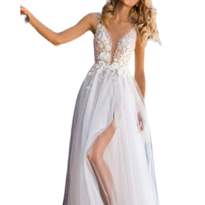 V-neck slim and split brigade shoot wedding dress