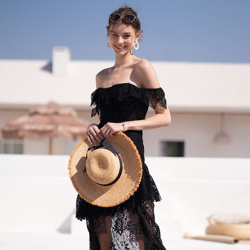 Black Lace Dress Off-the-Shoulder Ruffled Skirt