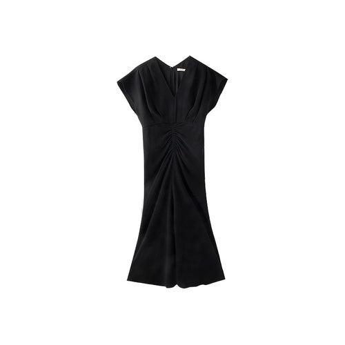 Breathable Acetate Black & White Short Sleeve V-Neck Dress