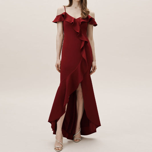 Plain satin ruffled burgundy dress with split legs