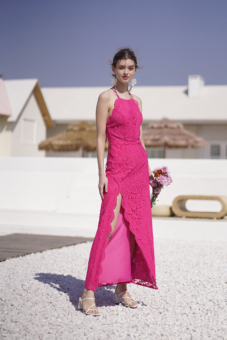 Women rose red lace slit dress