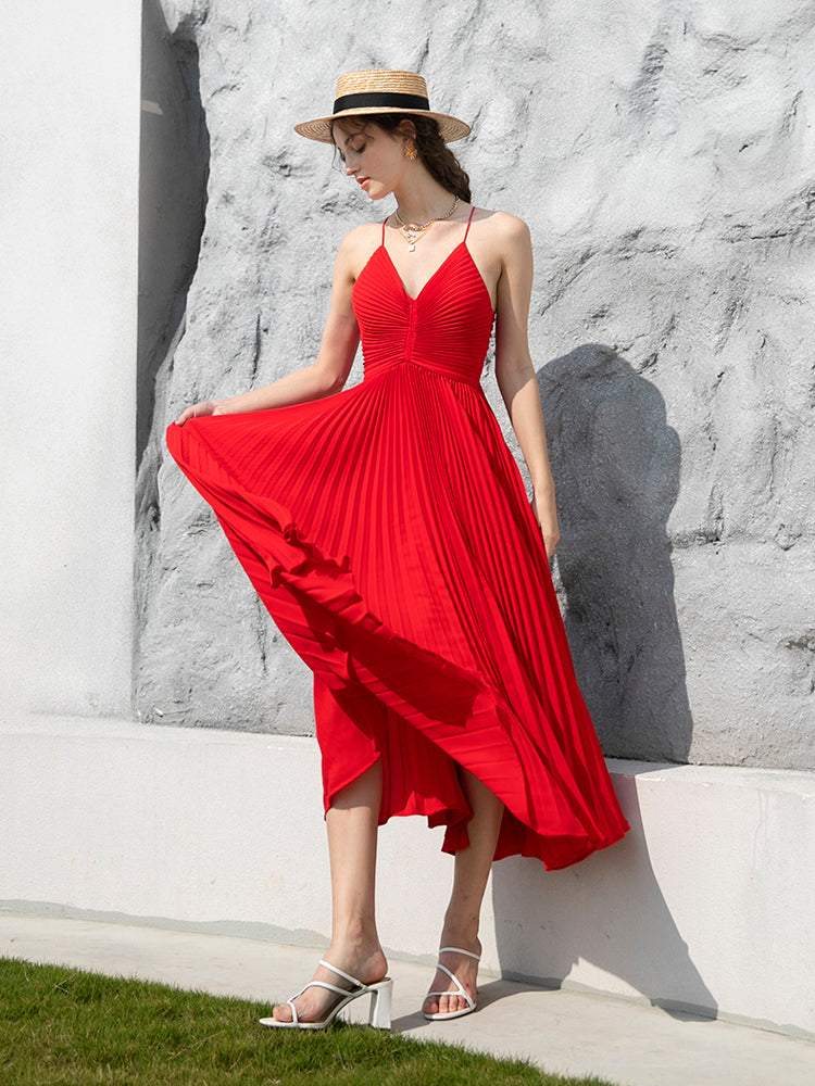 Women's summer red pleated suspender dress