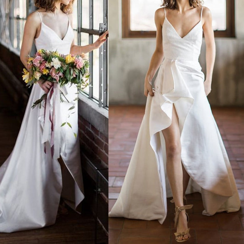 V-strap front slit plain satin open-back wedding dress