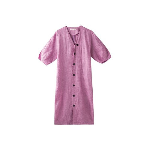 Bud-type color-spun yarn full linen V-neck short-sleeved dress