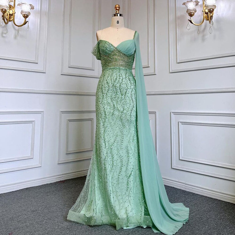 Beaded One Shoulder Mint Mermaid Luxury Evening Dresses Gowns Elegant ...