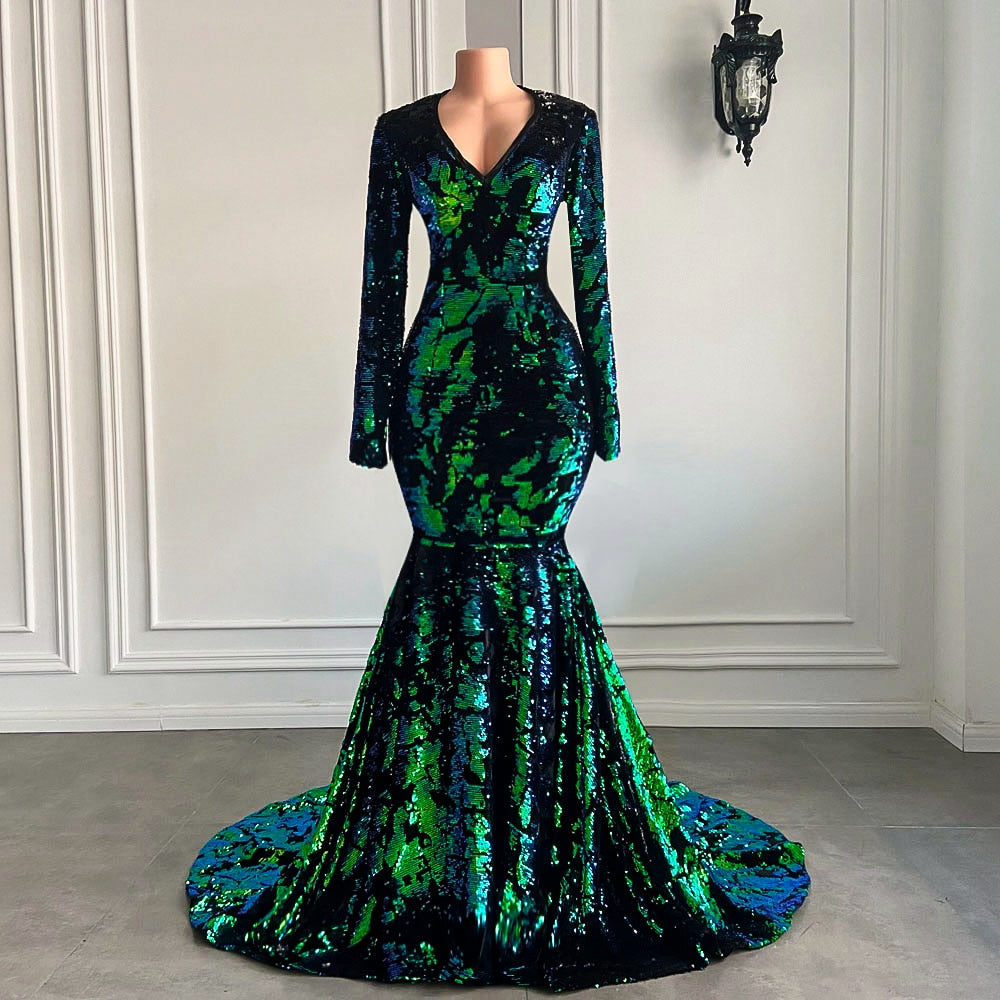 Mermaid Long Sleeve V-neck Sparkly Black and Green Prom Gowns