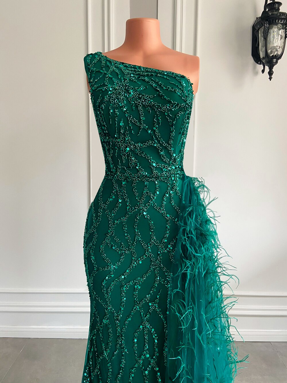 High Slit Green Tulle Beaded Dubai Women Party Formal Gowns