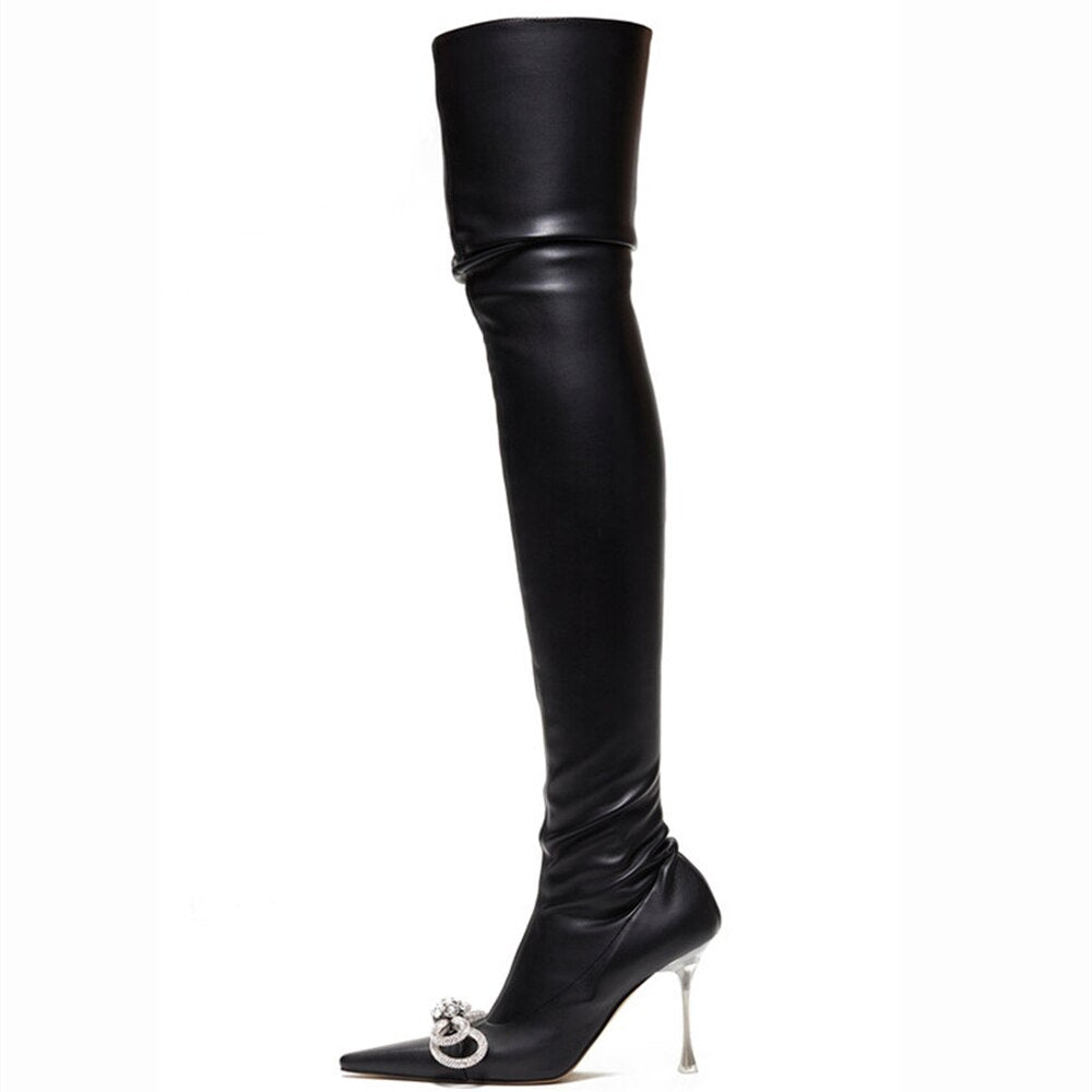 Women Zipper Thin High Heel Large Size Bow Rhinestone Chain Stretch Boots