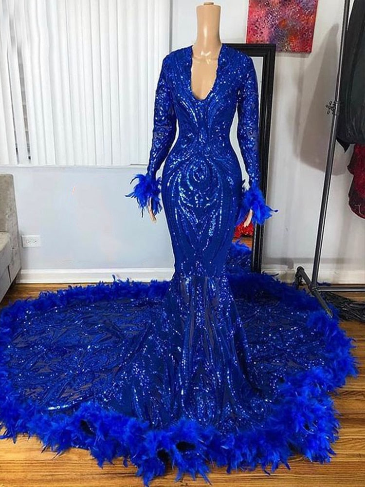 Feather Royal Blue Sequined Feather Prom Gala Party Gowns