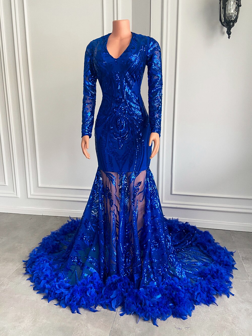 Feather Royal Blue Sequined Feather Prom Gala Party Gowns