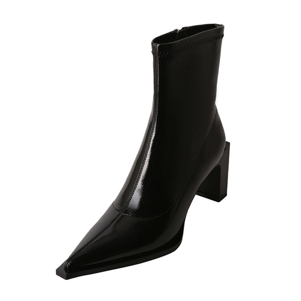 Women Pointed Toe Solid Color Black Thick High-Heeled Shoes