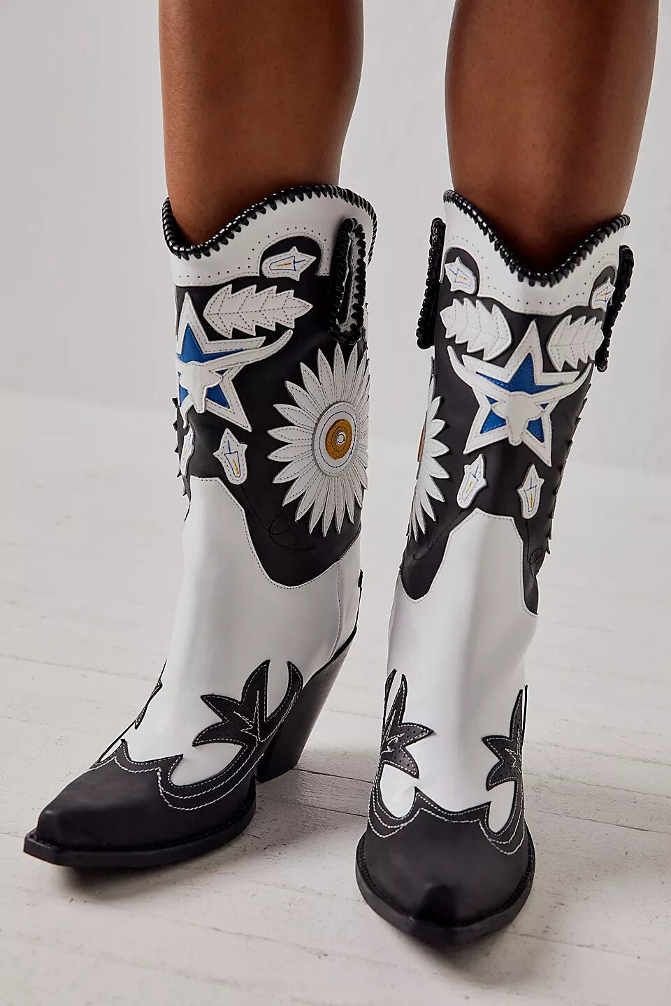 Flower Cowboy Boots Chunky Heels Wedge Women Luxury Shoes