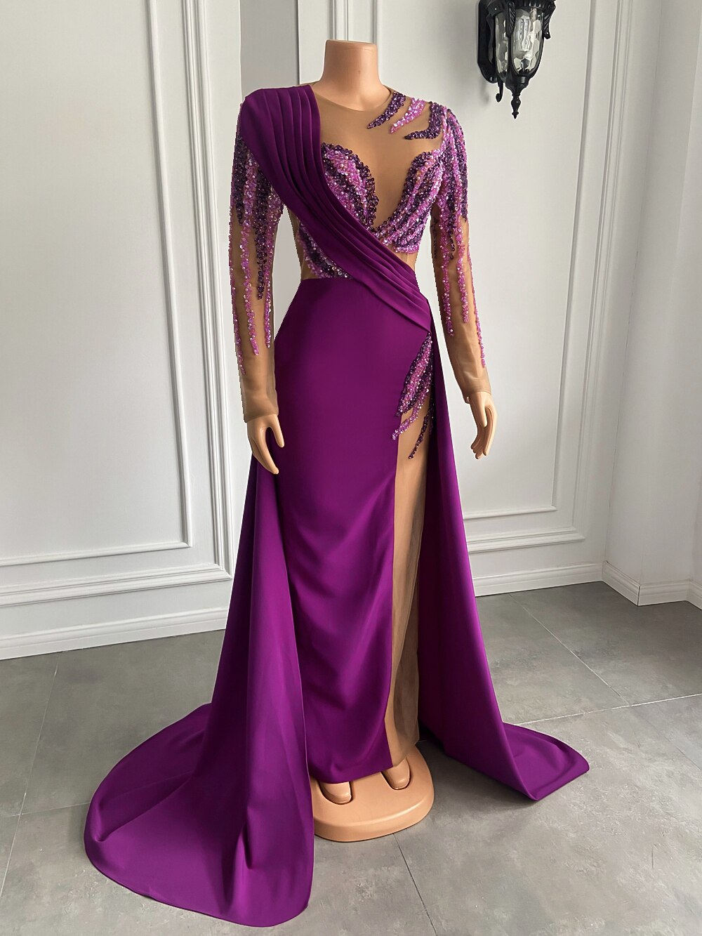 Pearls Dubai Women Purple Satin Sheer Formal Evening Gowns