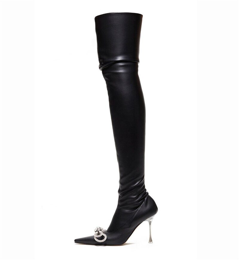 Women Zipper Thin High Heel Large Size Bow Rhinestone Chain Stretch Boots