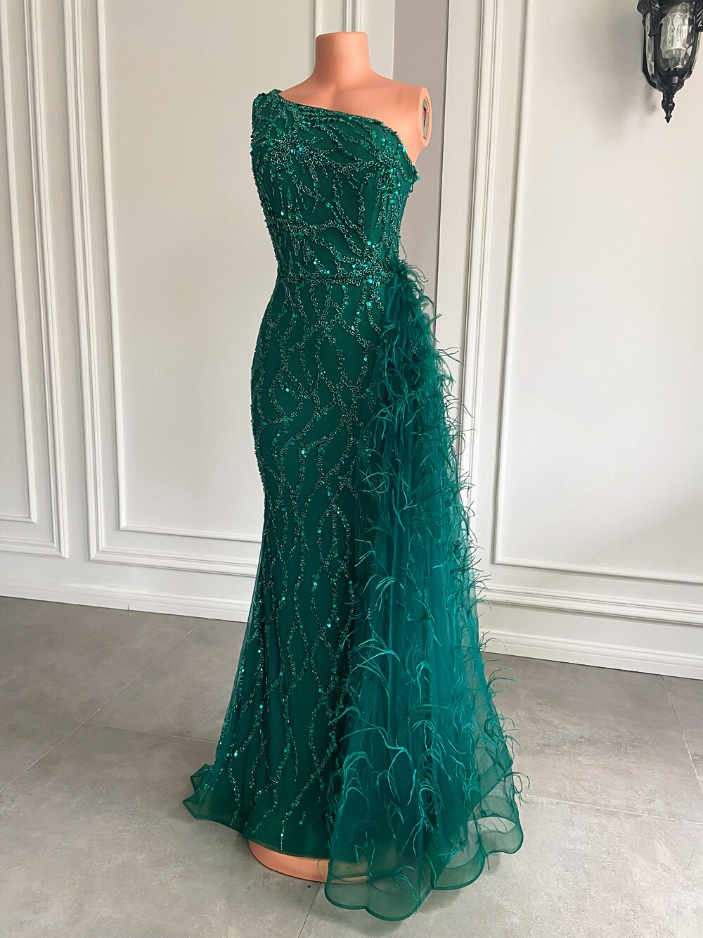 High Slit Green Tulle Beaded Dubai Women Party Formal Gowns