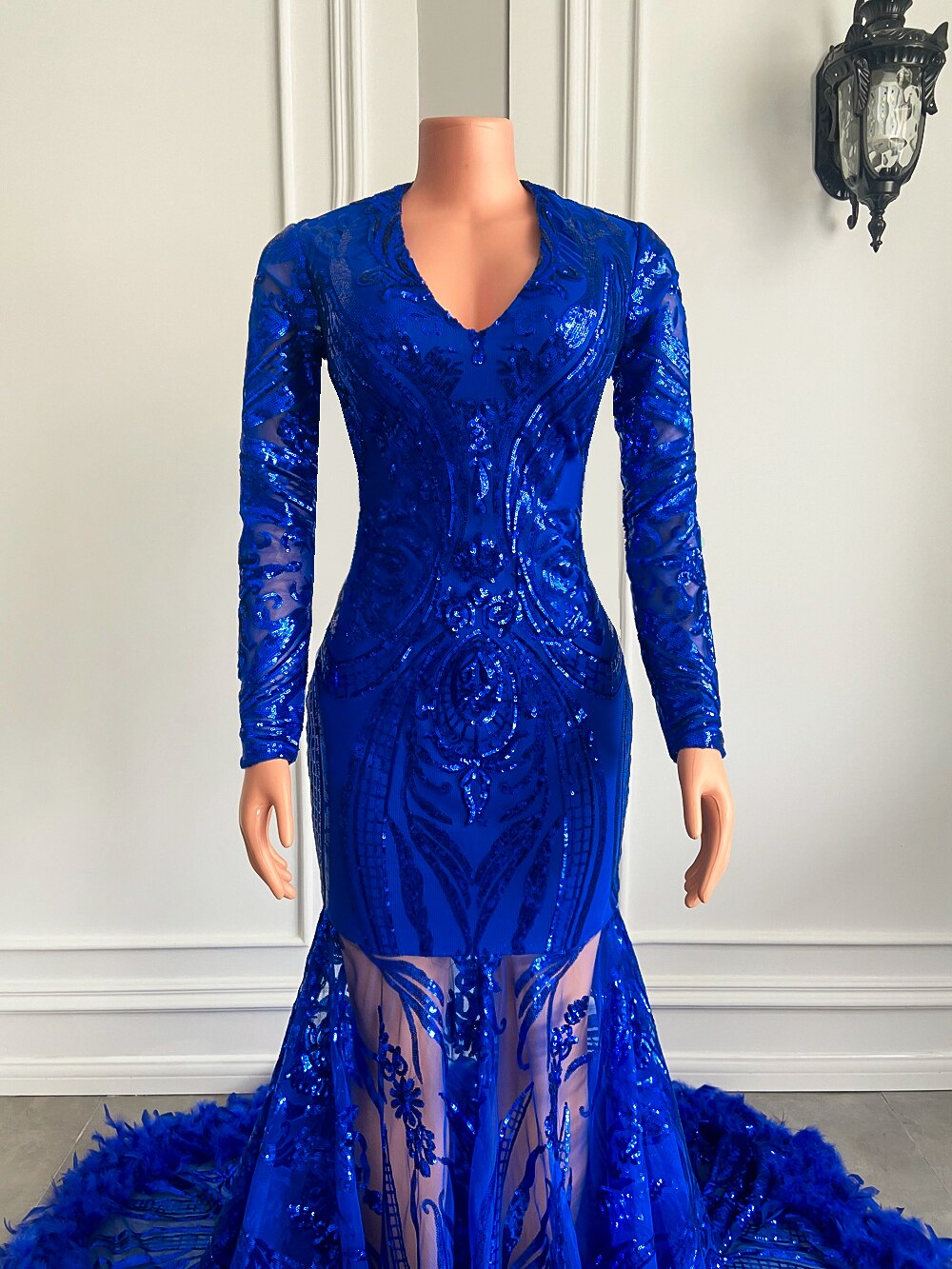 Feather Royal Blue Sequined Feather Prom Gala Party Gowns