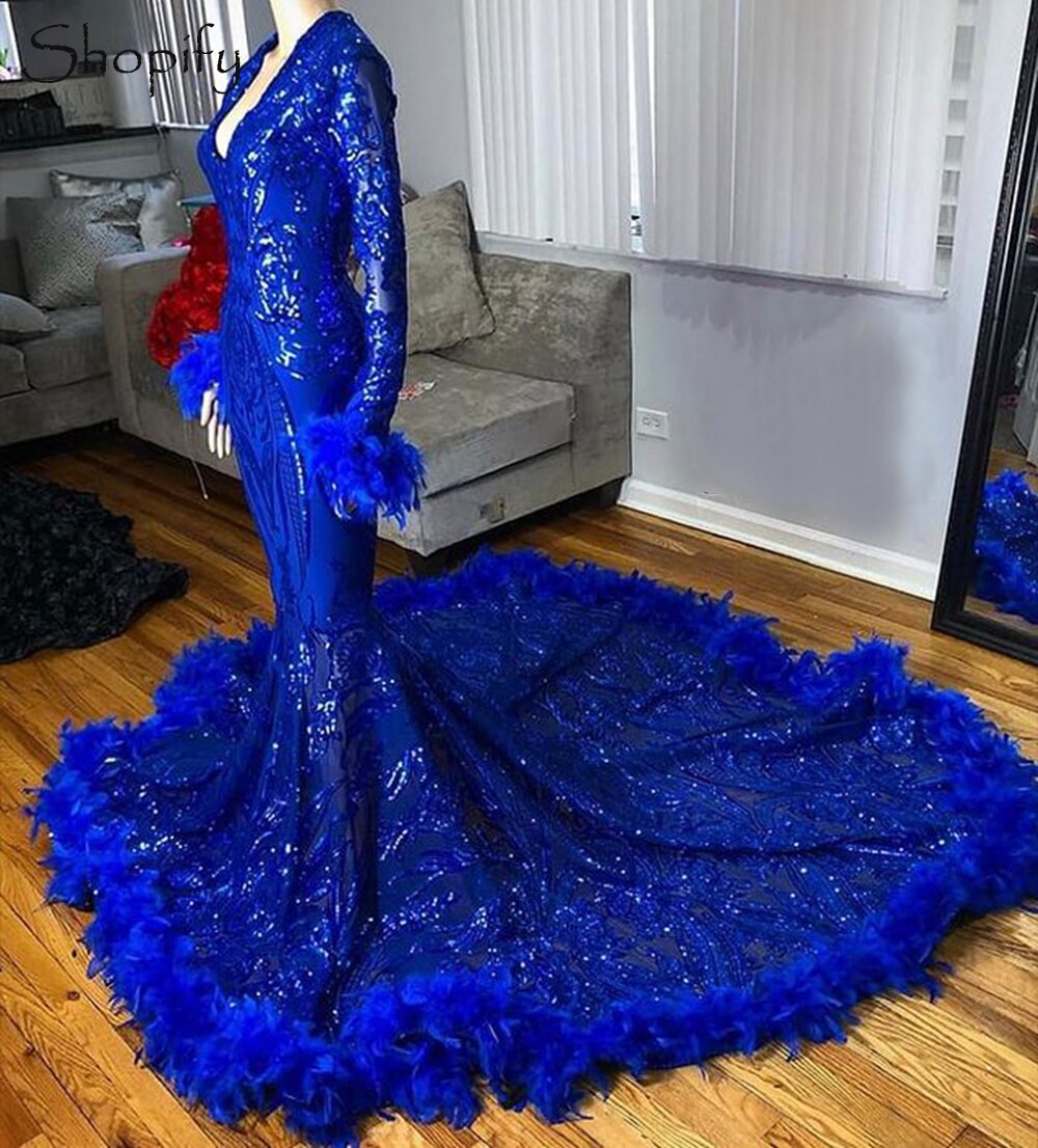 Feather Royal Blue Sequined Feather Prom Gala Party Gowns