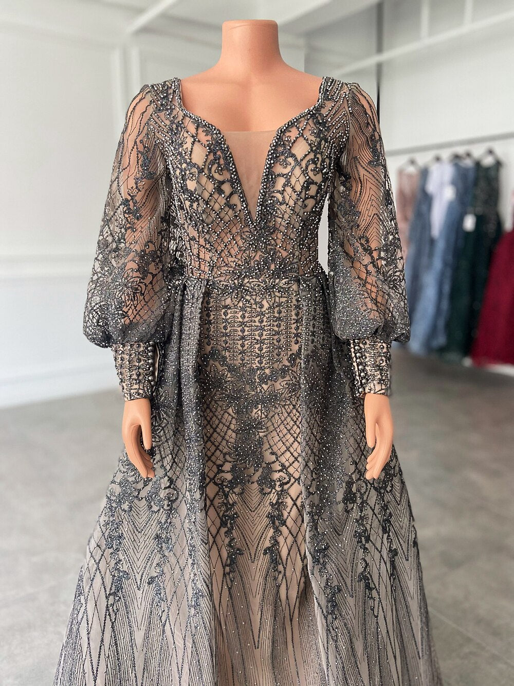 Puffy Long Sleeve Women Beaded Lace Formal Evening Party Gowns