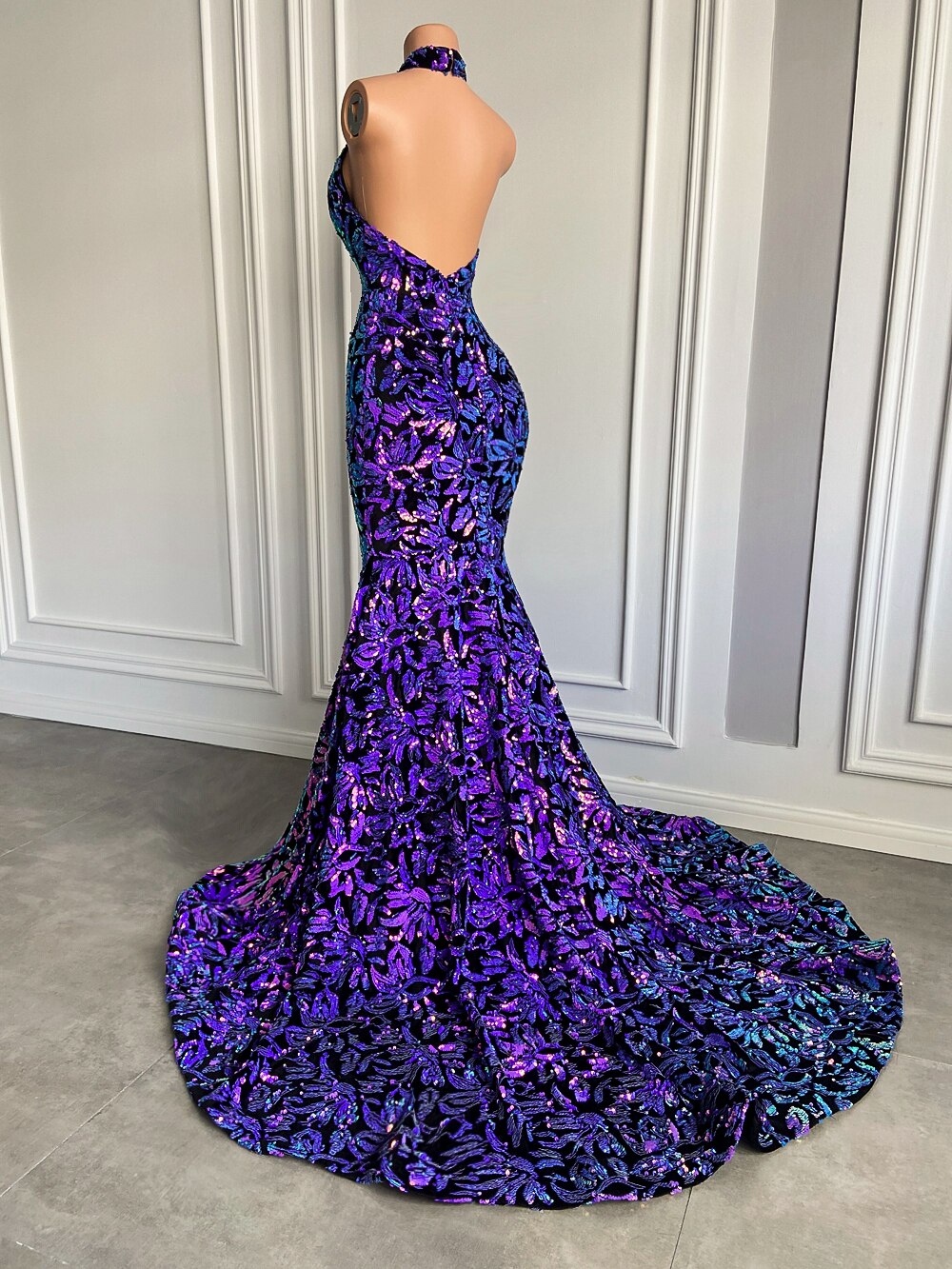 Mermaid Style Backless Velvet Sequin Girls Prom Gala Gowns For Party