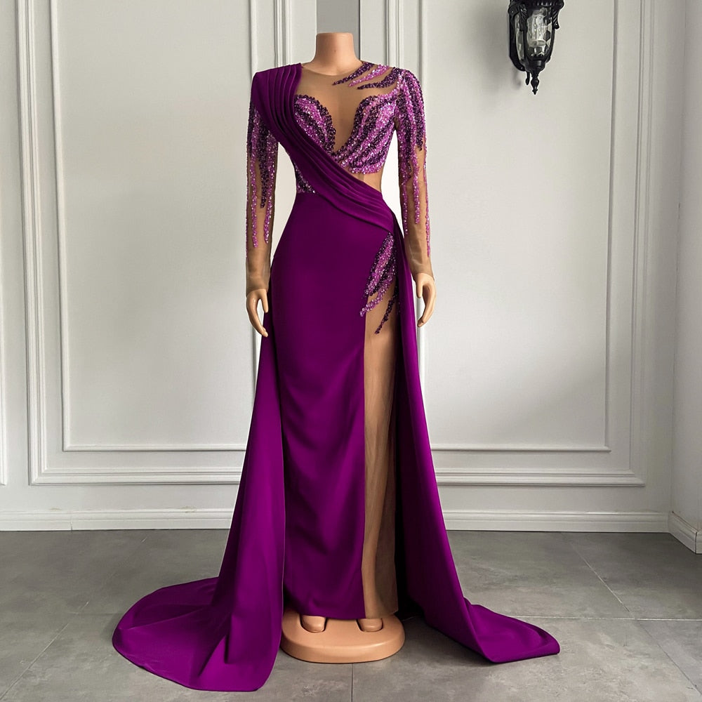 Pearls Dubai Women Purple Satin Sheer Formal Evening Gowns