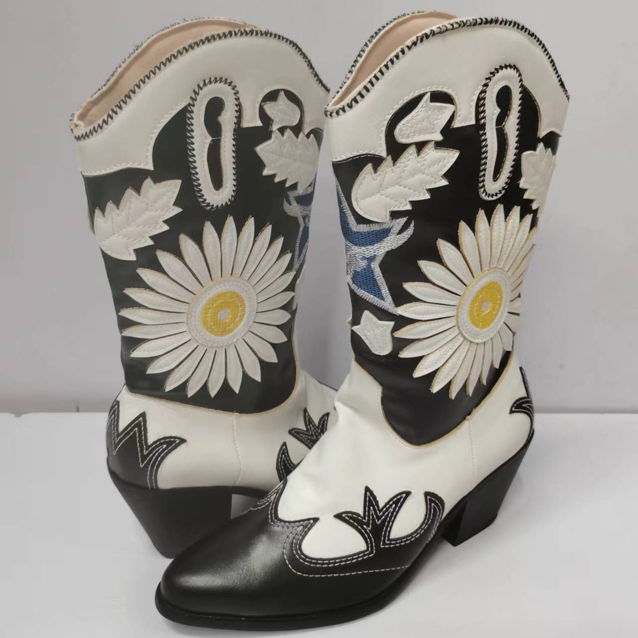 Flower Cowboy Boots Chunky Heels Wedge Women Luxury Shoes