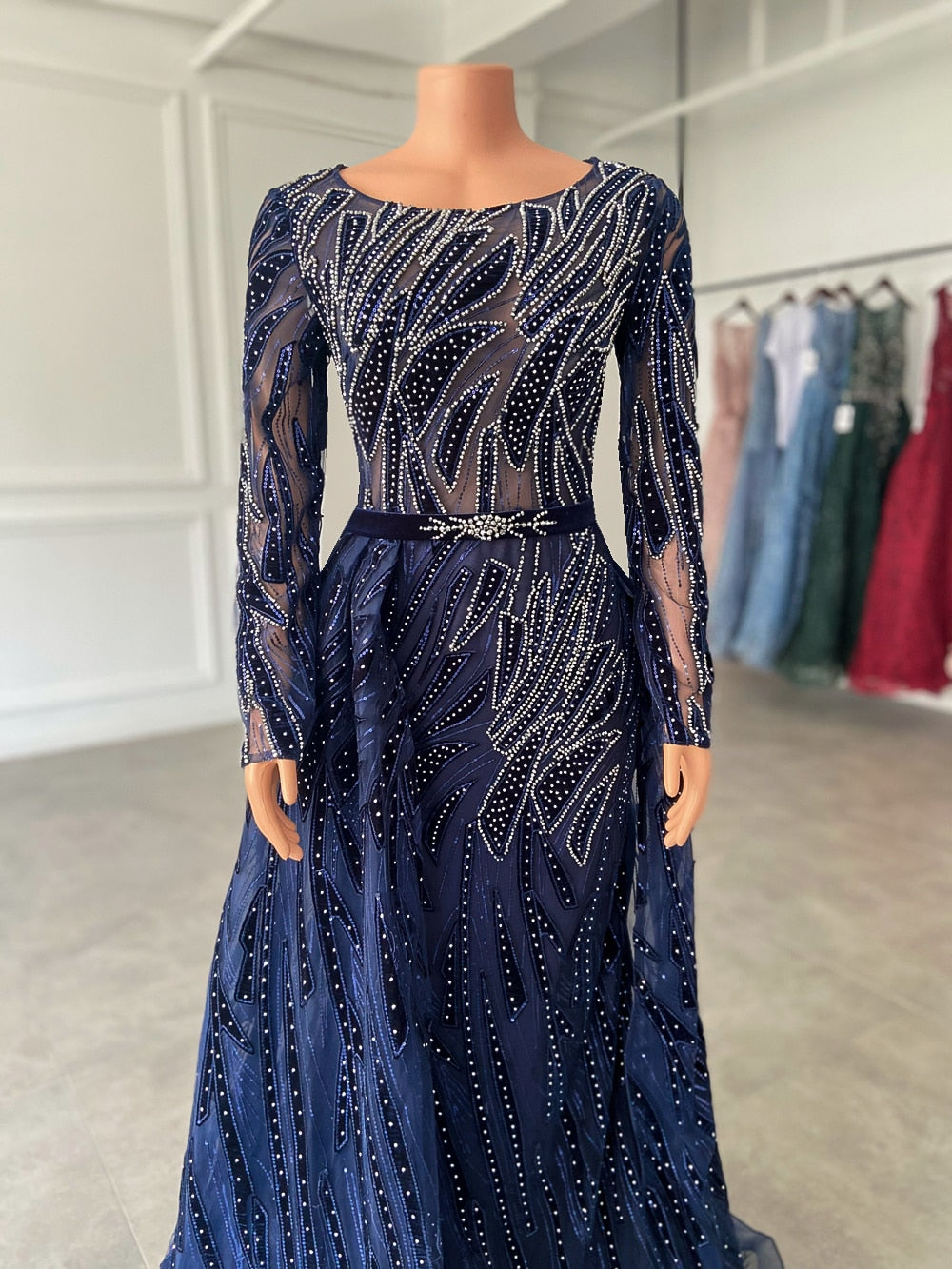 Long Sleeve Women Navy Blue Formal Evening Party Gowns With Train