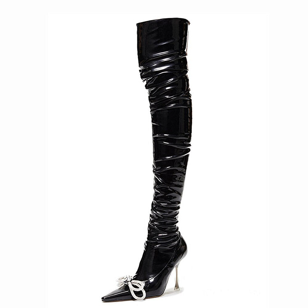 Women Zipper Thin High Heel Large Size Bow Rhinestone Chain Stretch Boots