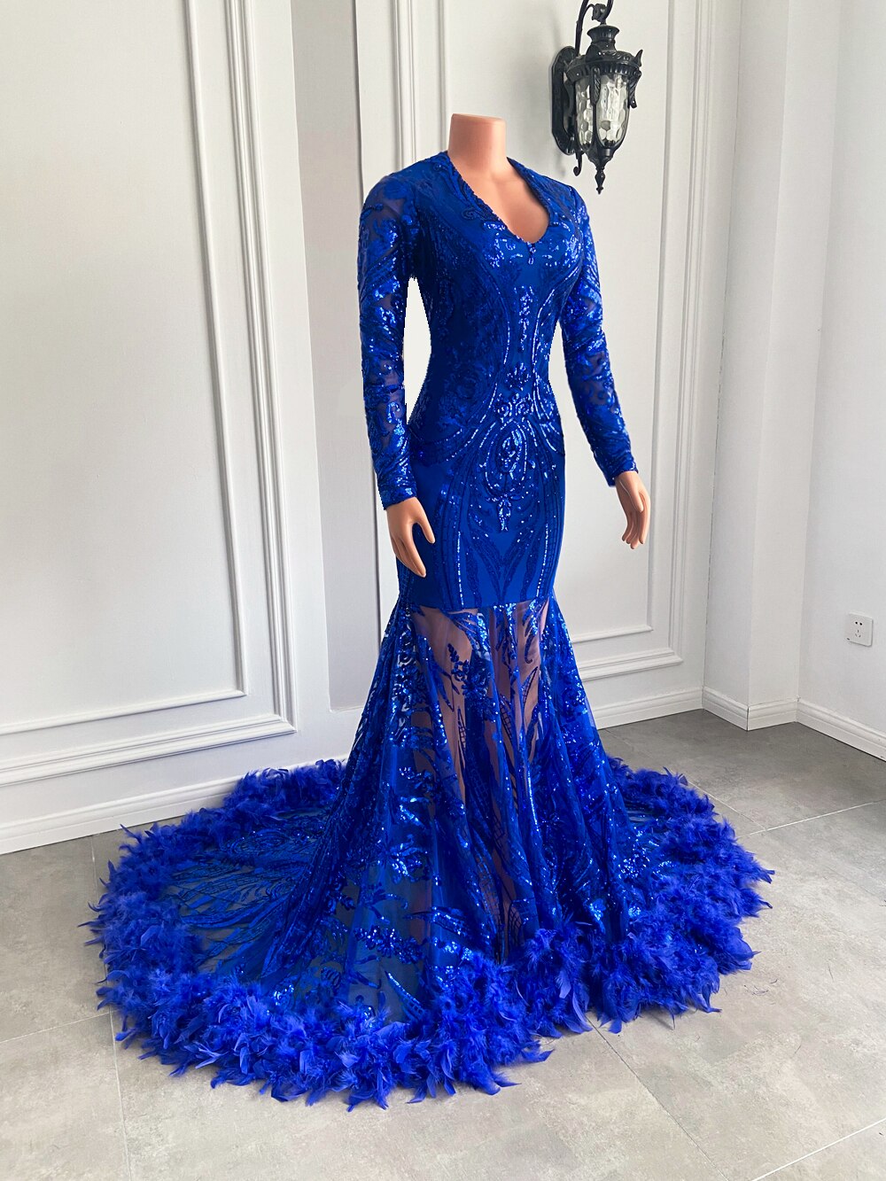 Feather Royal Blue Sequined Feather Prom Gala Party Gowns