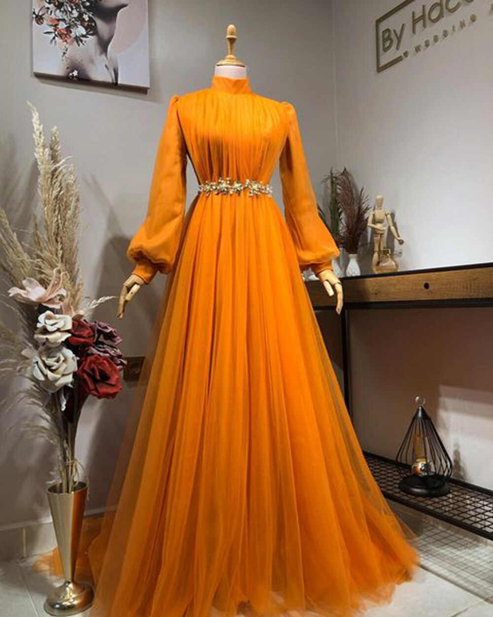 High Neck Long Sleeve Orange Tulle Women Formal Party Gowns