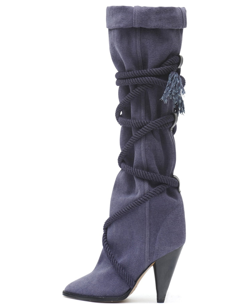 Women Retro Suede Pleated Ankle Boots Cross Tied Belt