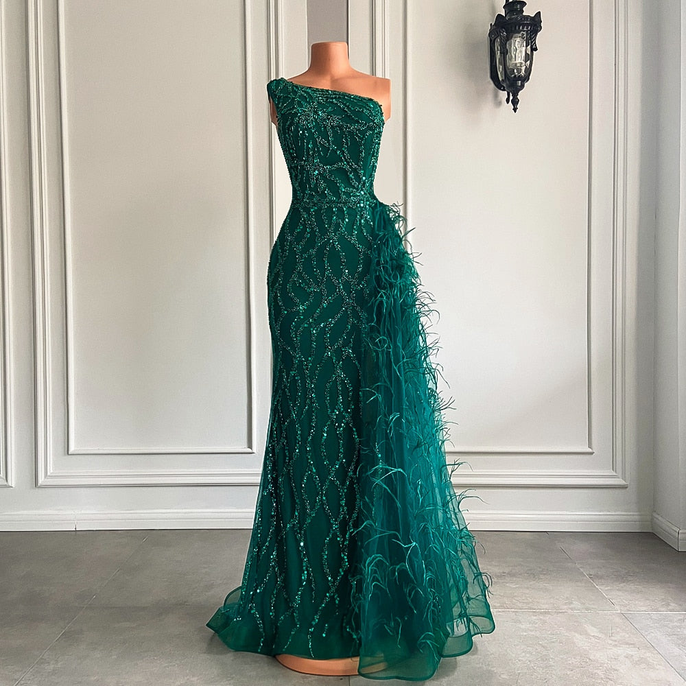 High Slit Green Tulle Beaded Dubai Women Party Formal Gowns