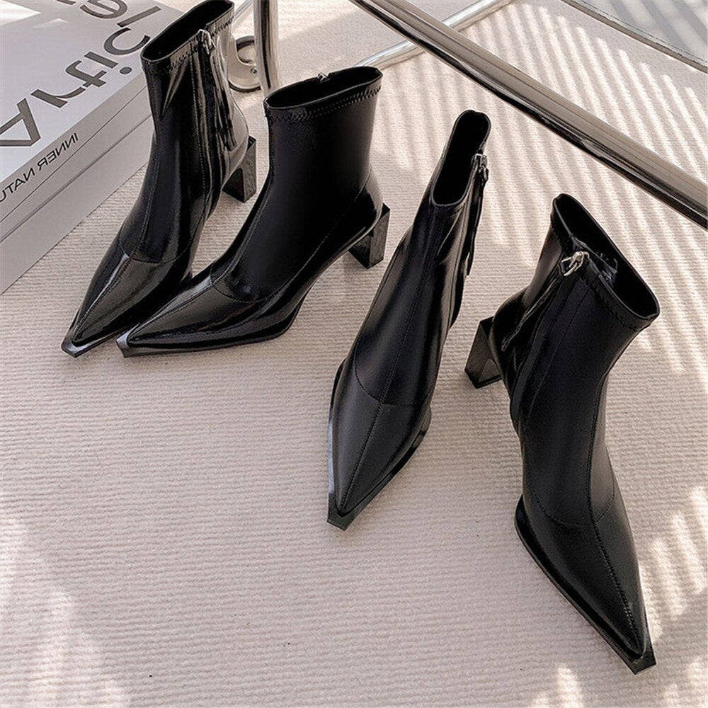 Women Pointed Toe Solid Color Black Thick High-Heeled Shoes