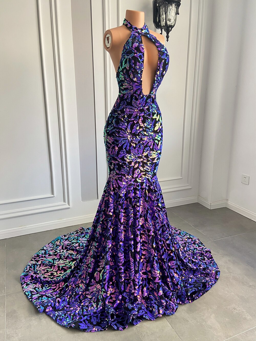 Mermaid Style Backless Velvet Sequin Girls Prom Gala Gowns For Party