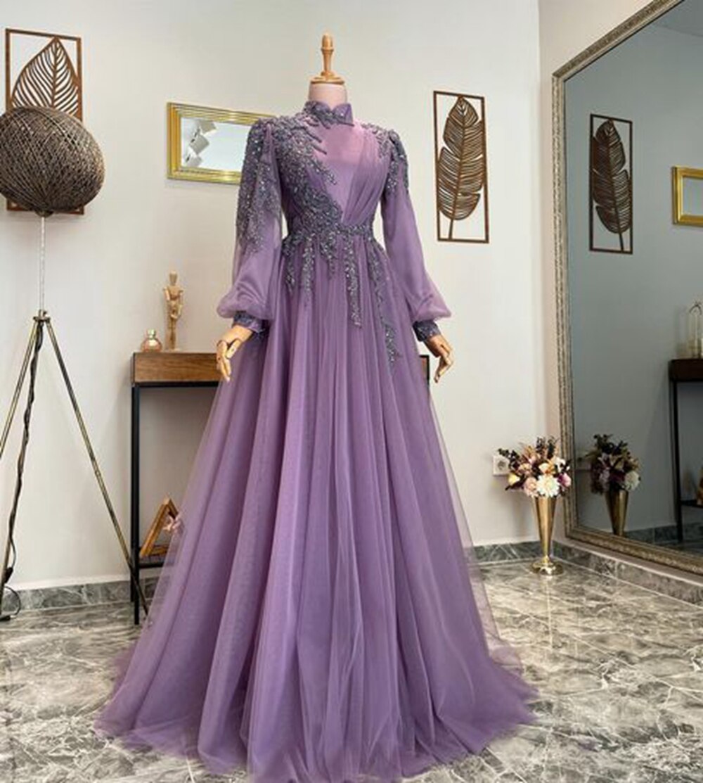 A-line High Neck Dubai Women Muslim Arabic Formal Evening Gowns