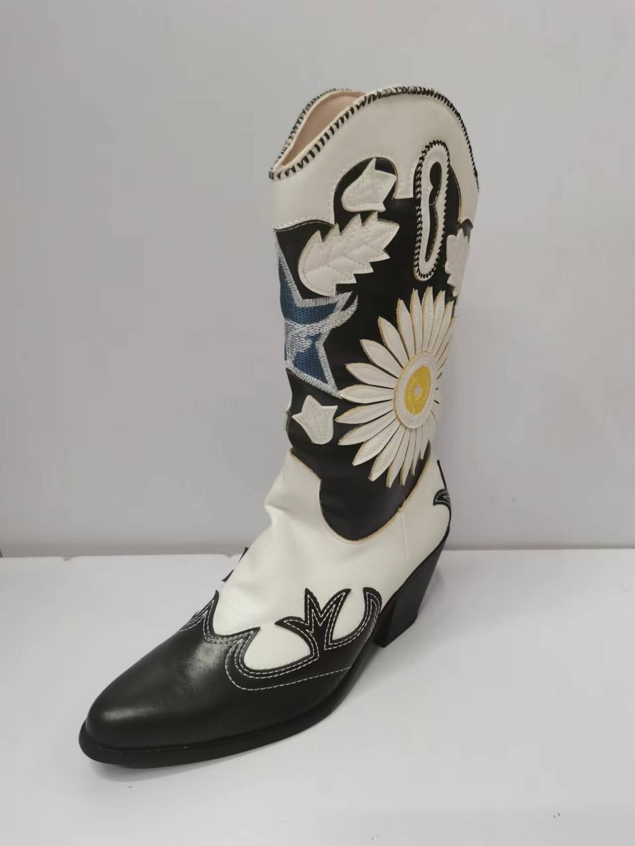 Flower Cowboy Boots Chunky Heels Wedge Women Luxury Shoes