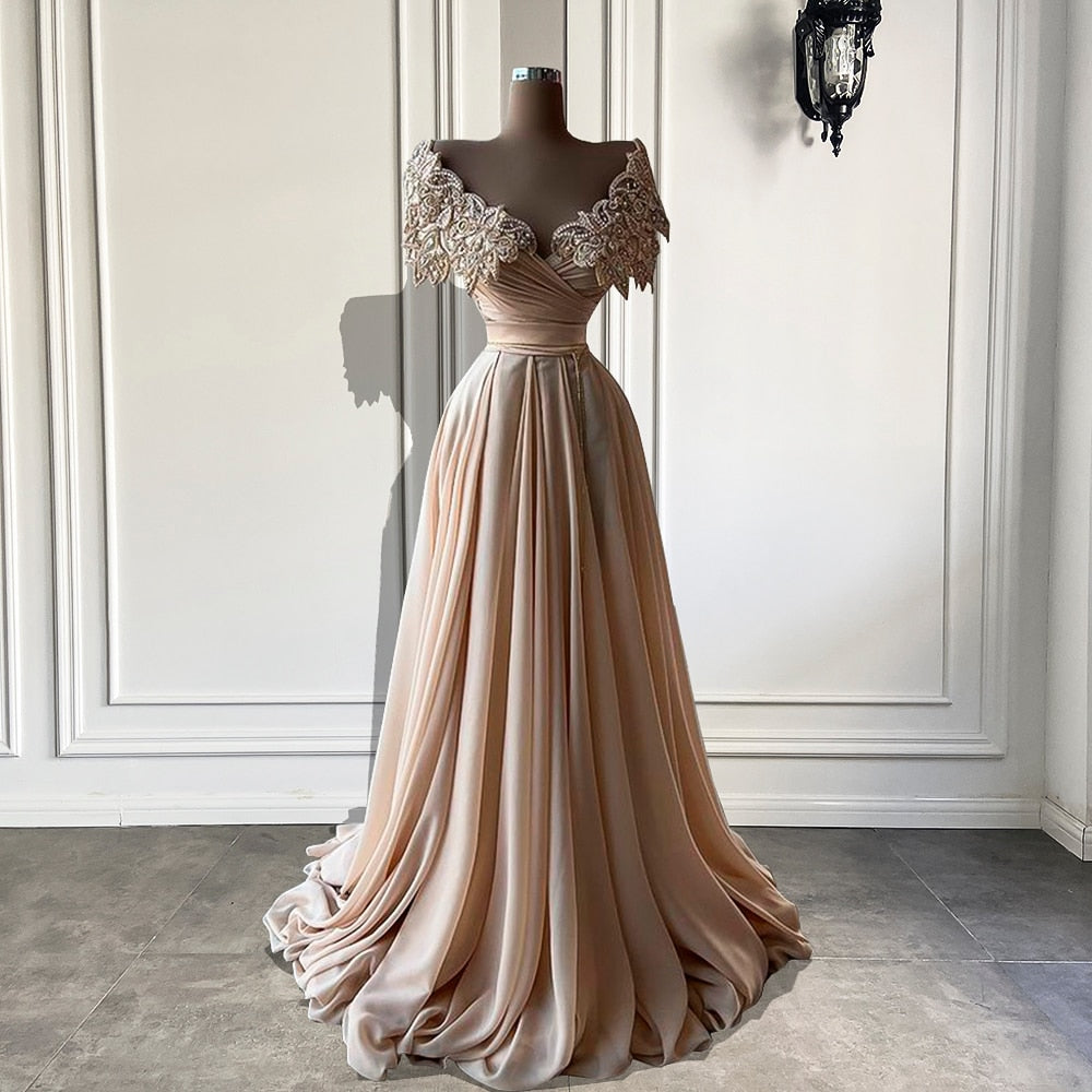 Crystals Champagne Chiffon Dubai Women Formal Evening Gowns