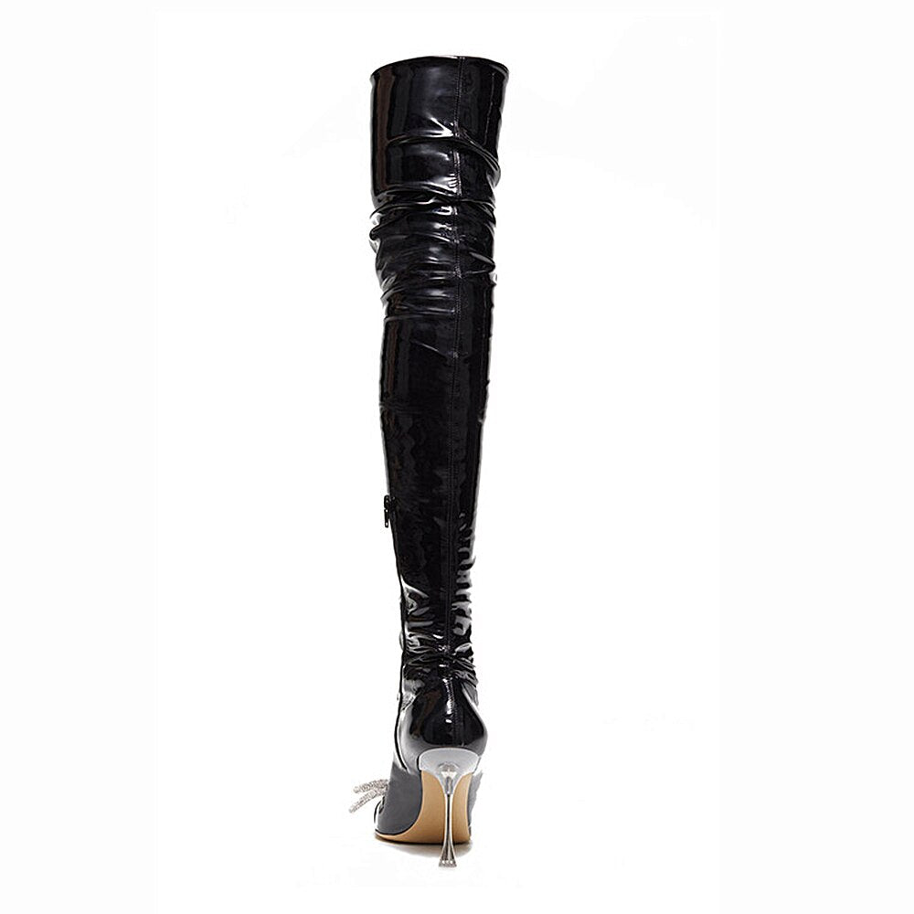 Women Zipper Thin High Heel Large Size Bow Rhinestone Chain Stretch Boots